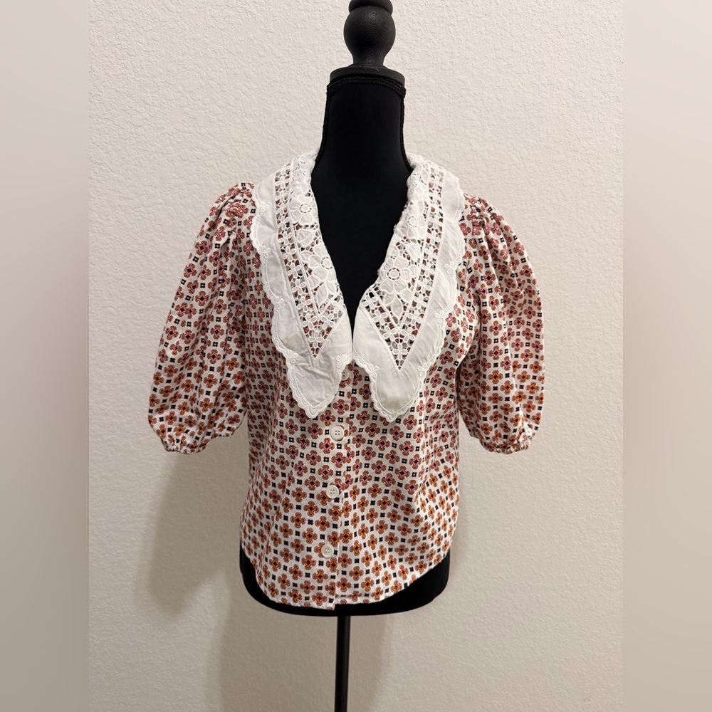 MAJE Multicolor Print Blouse•Removable Lace Collar•Balloon Sleeves Romantic Top